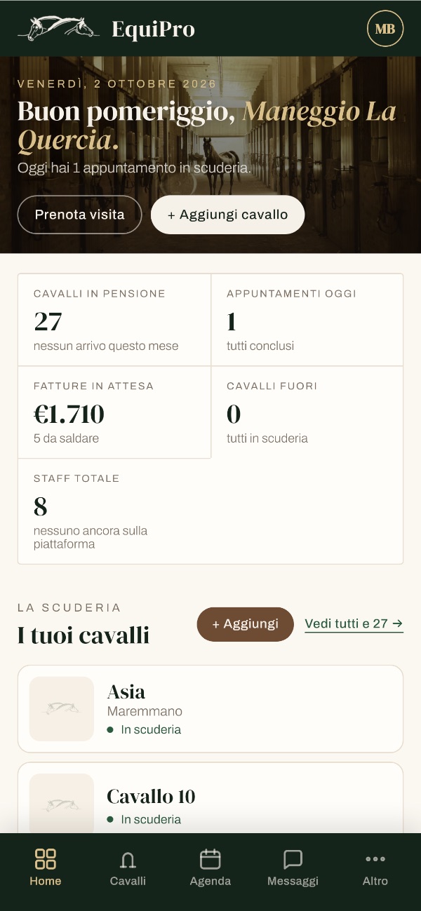 La home del maneggio nell'app EquiPro