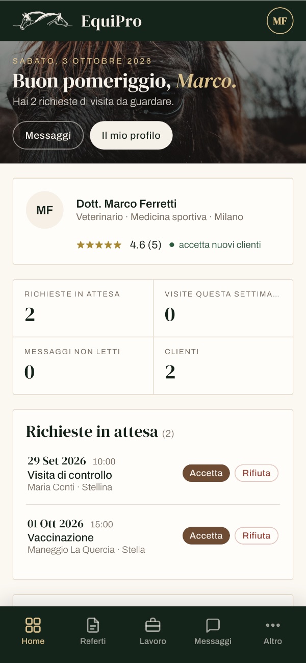 La home del professionista nell'app EquiPro
