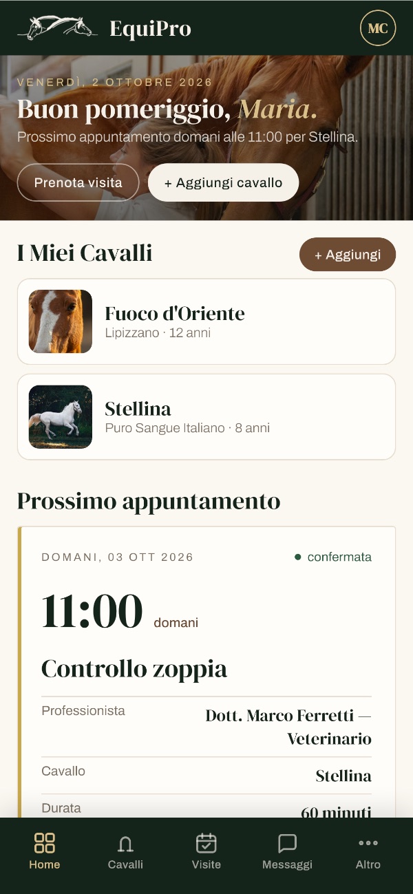 La home del proprietario nell'app EquiPro